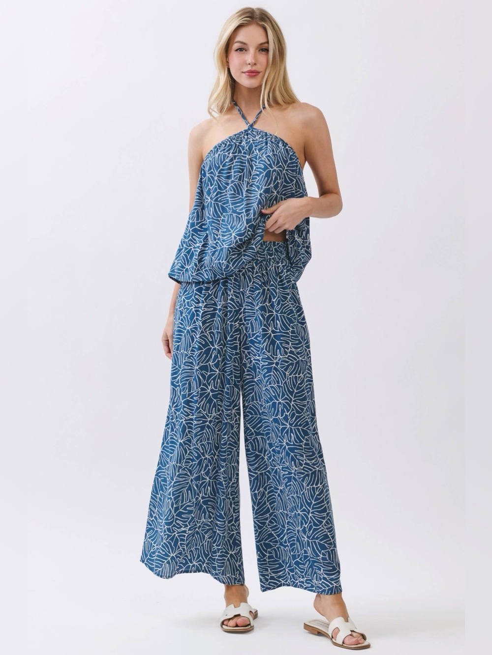 Leaf Print Halter Tank and Wide Leg Pants Set